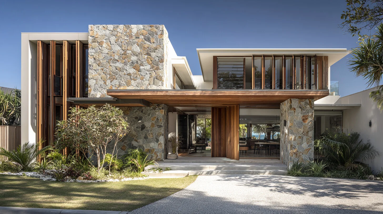 Coastal residence. Deep overhangs. Pool to the north.