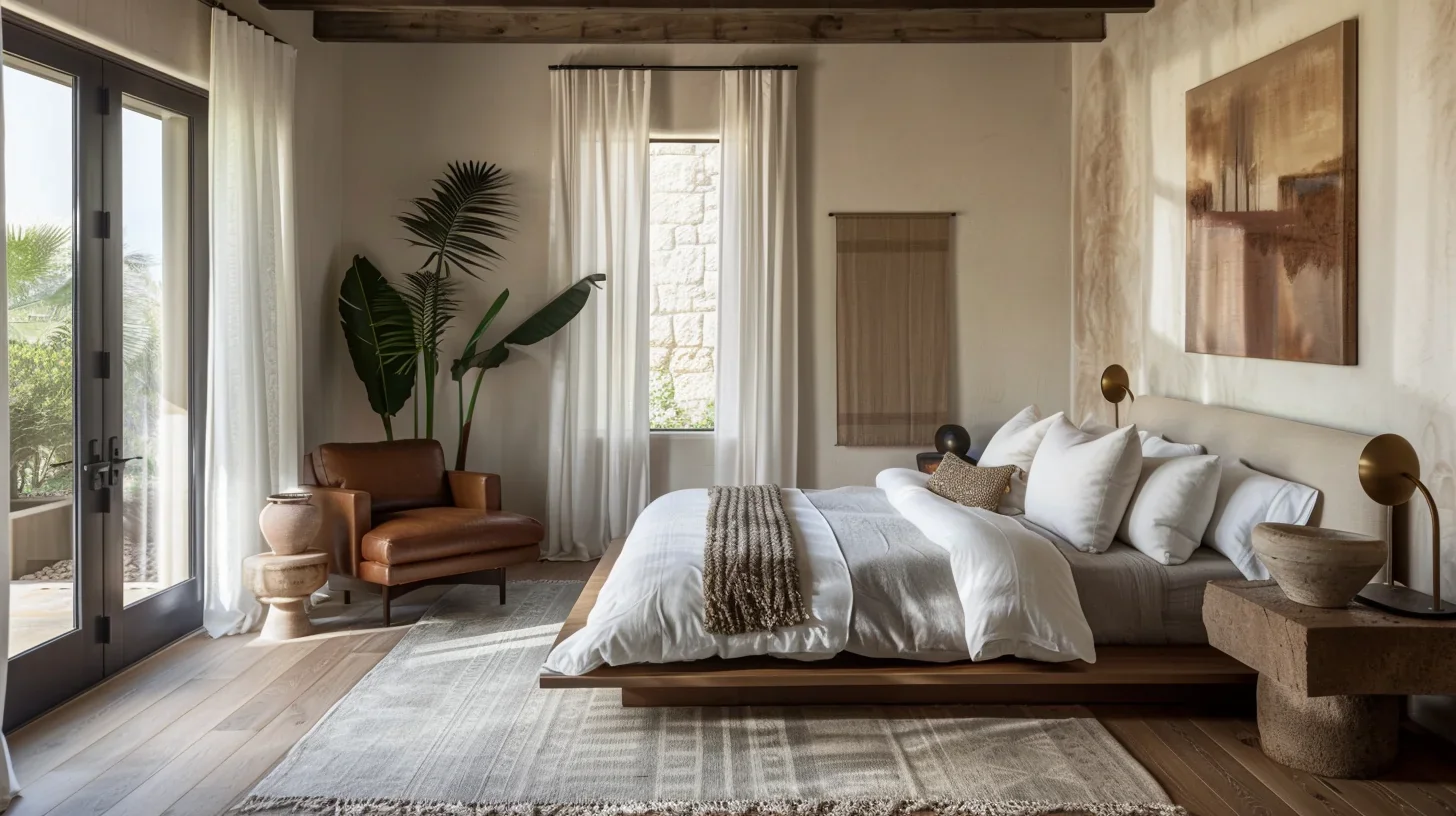 Coastal master bedroom, low linen bed, restrained palette